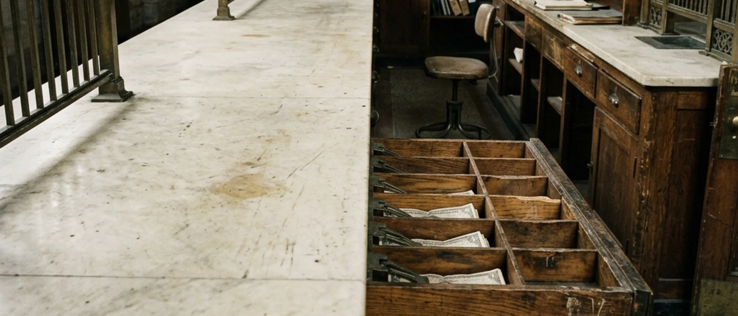 A grand marble teller counter in an old bank hall with brass grilles.